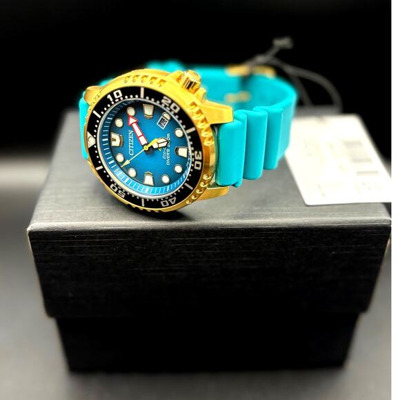Citizen Eco-Drive Promaster Dive Turquoise Dial Men Citizen BN0162-02X Mens Promaster Diver Eco-Drive 200M Gold Tone Turquoise Watch